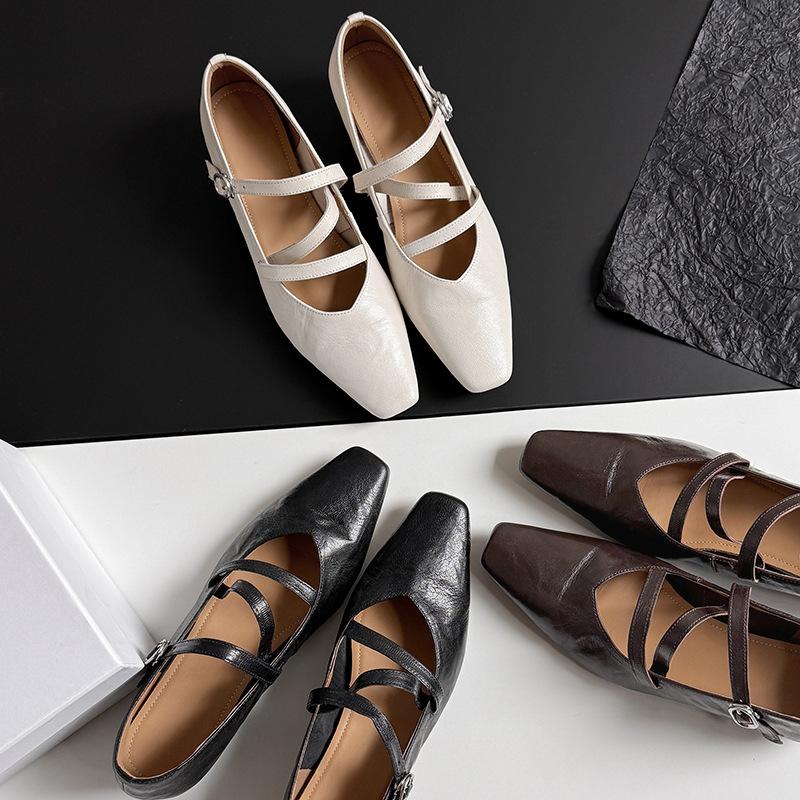 The Same Retro Mary Jane Single Shoes Women's 2025 Spring New Flat Bottom Square Head Buckle Belt Leather Women's Shoes
