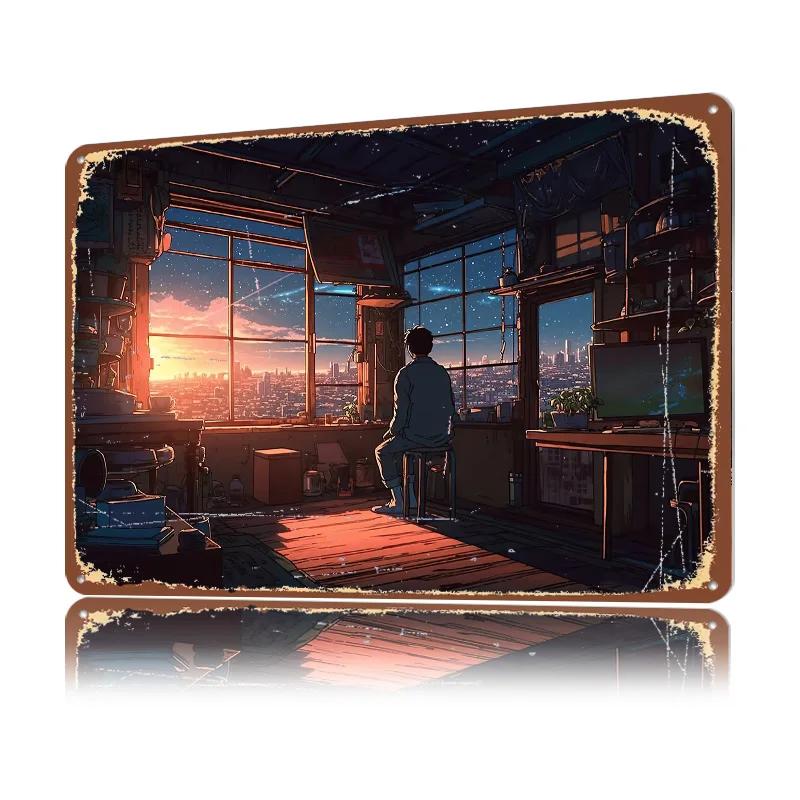 Anime Manga Cityscapes D Texture Printed Poster Custom Vintage Metal Tin Plate Sign for Wall Art Home and Decoration Gaming