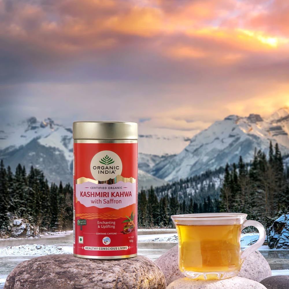 ORGANIC INDIA Kashmiri Kahwa Tea with Saffron 100 Gm Tin – Aromatic Indian Herbal Green Tea Blend for Relaxation