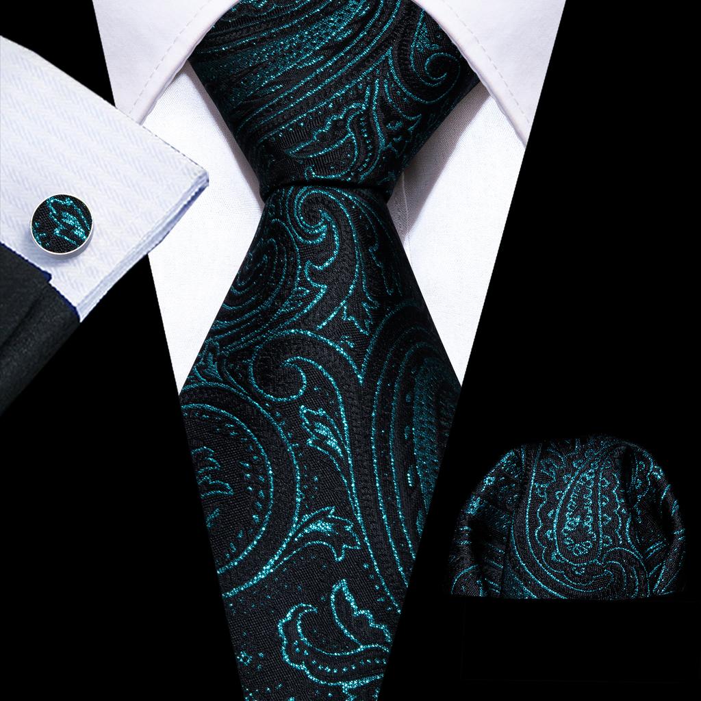 Barry.Wang Floral Ties for Men Woven Paisley Wedding Necktie Handkerchief Cufflinks Formal Casual Set