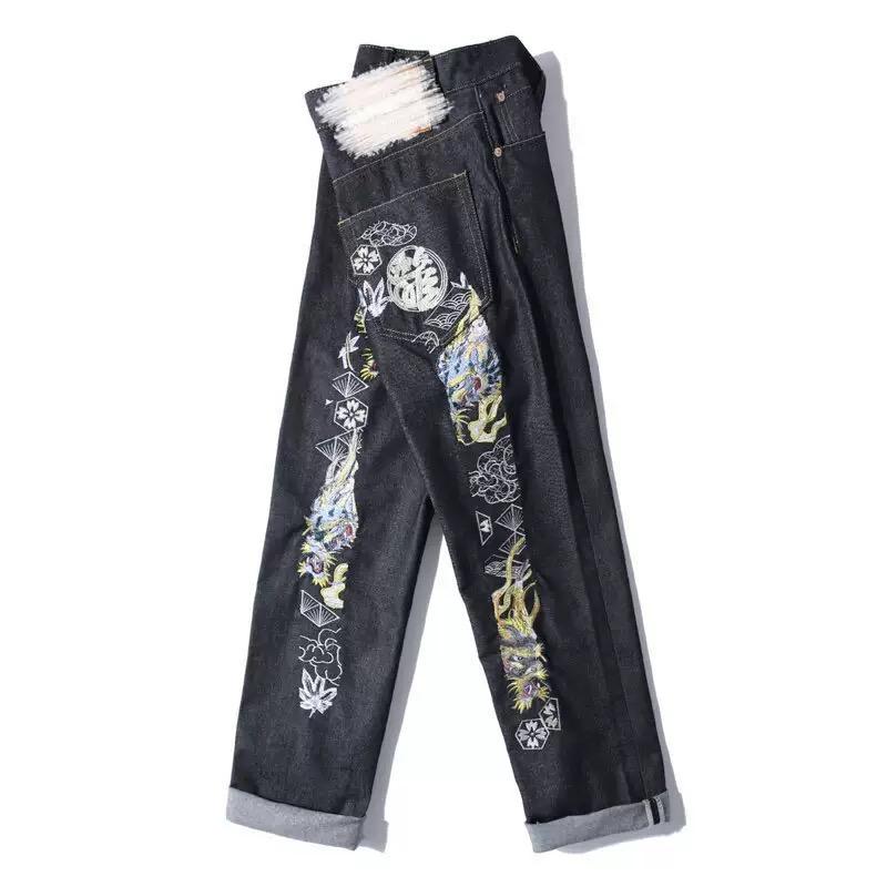 New Japanese Hipster Retro Hip-hop Fashion Print Jeans High Street Leisure Slim Straight Embroidery Y2k Print Stitching Trousers