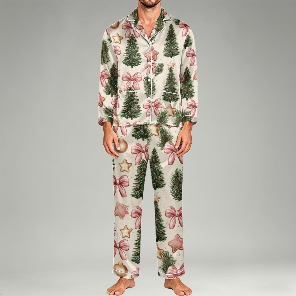 Herren Langarm Button-Down Pyjama-Set, 2-teilige Nachtwäsche Loungewear mit Hose für Zuhause und Schlafenszeit