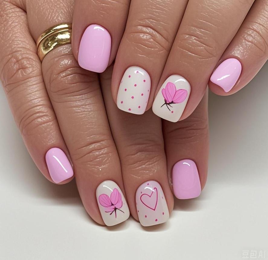 Набор из 24 штук милых коротких квадратных накладных ногтей с розовыми цветами, бабочками и горошком