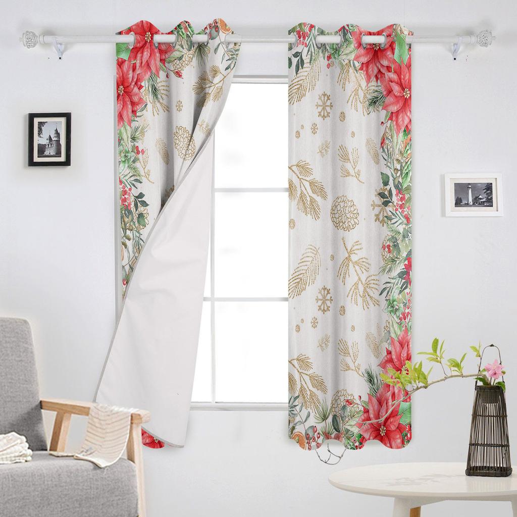 Christmas Flowers And Pine Leaves Blackout Curtains for Kids Home Decor Bedroom Living Room High Shading Window Curtains