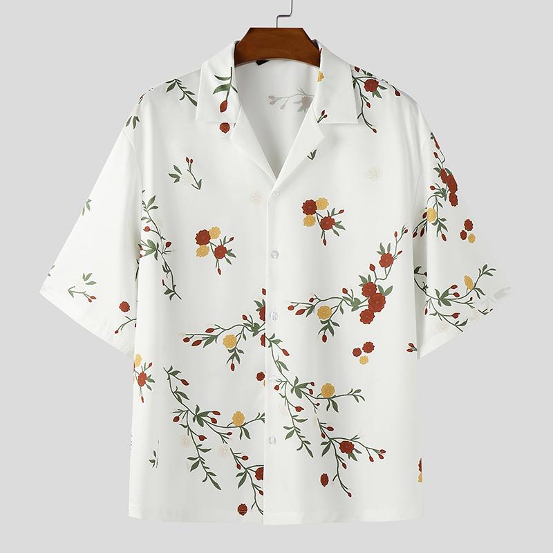 

INCERUN Oversized Men Lapel Neck Short Sleeve Floral Print Buttons Casual Shirts белый