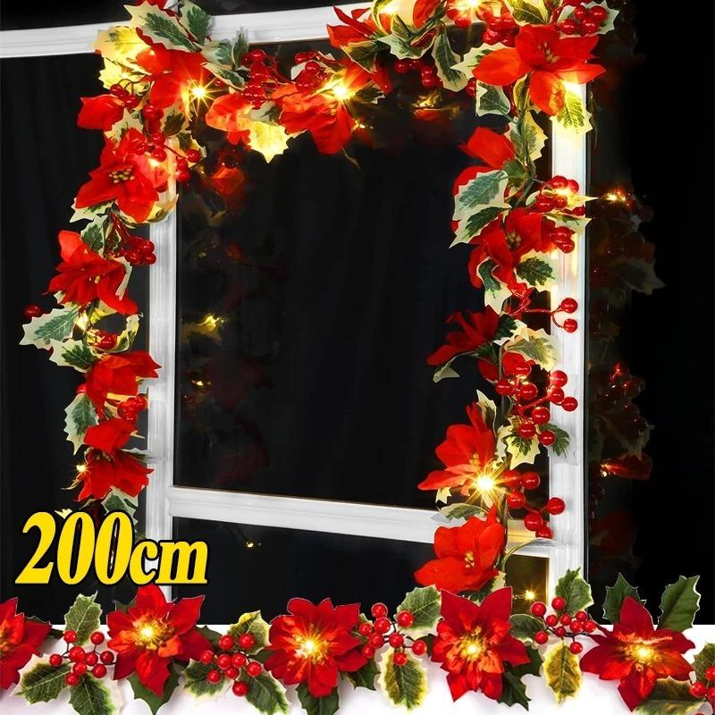 2M 10LED/3.5M 10LED Christmas Poinsettia Garland Poinsettia Velvet Artificial Poinsettia Garland String Lights for Christmas Tree Decor
