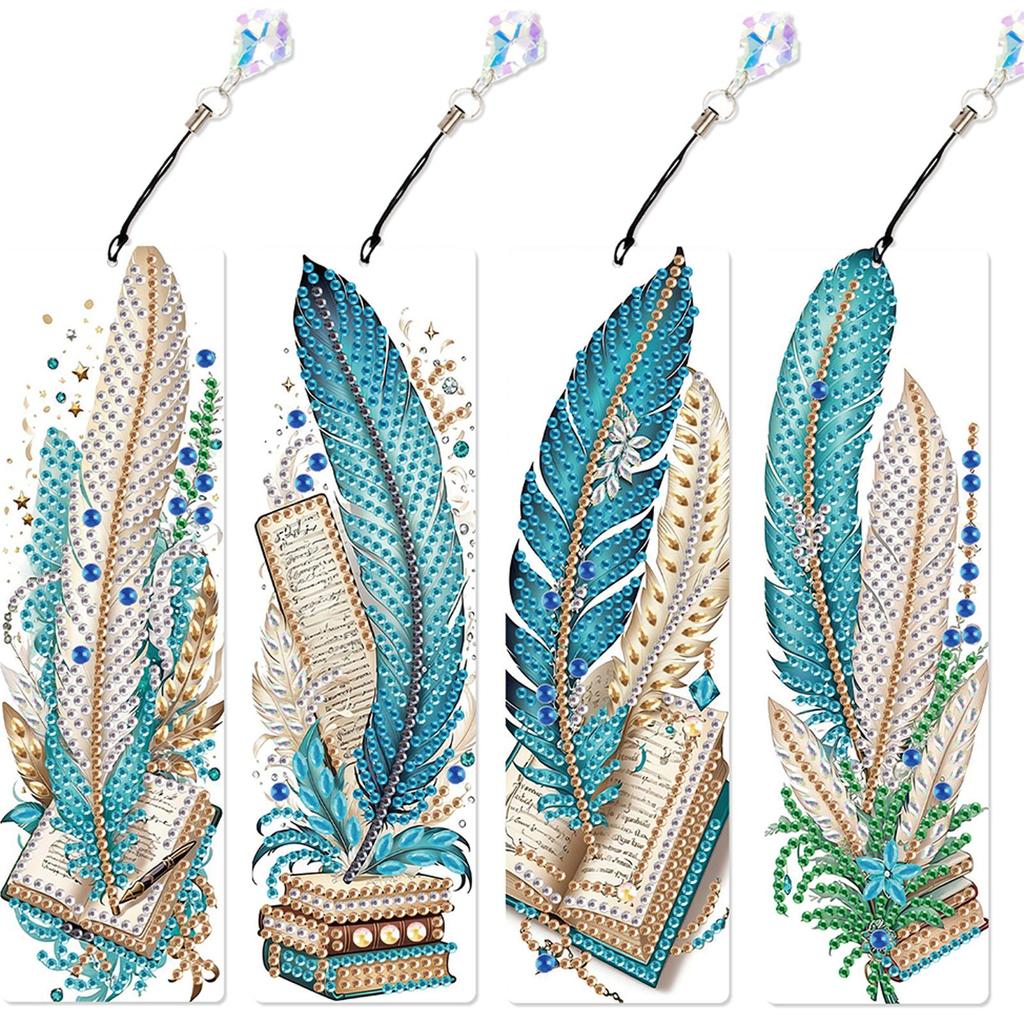 4Pcs Special Shape Beautiful Feathers 5D DIY Diamond Painting Bookmark DIY Bookmarks Diamond Painting Kits for Adults Beginners