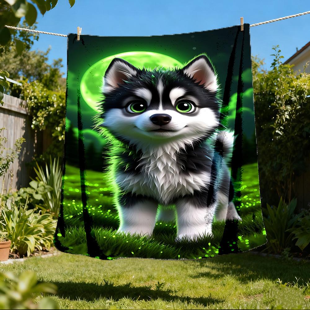 1pc Husky Puppy Throw Blanket Polyester Fiber, Lightweight Flannel, Soft & Warm, All Season Use for Outdoor, Camping Digital Print