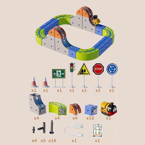 1 Set Magnetic Track Building Block Train Toy DIY Educational Children Electric Train Puzzle Track Toy with Road Signs Toddlers Boys Girls Gift