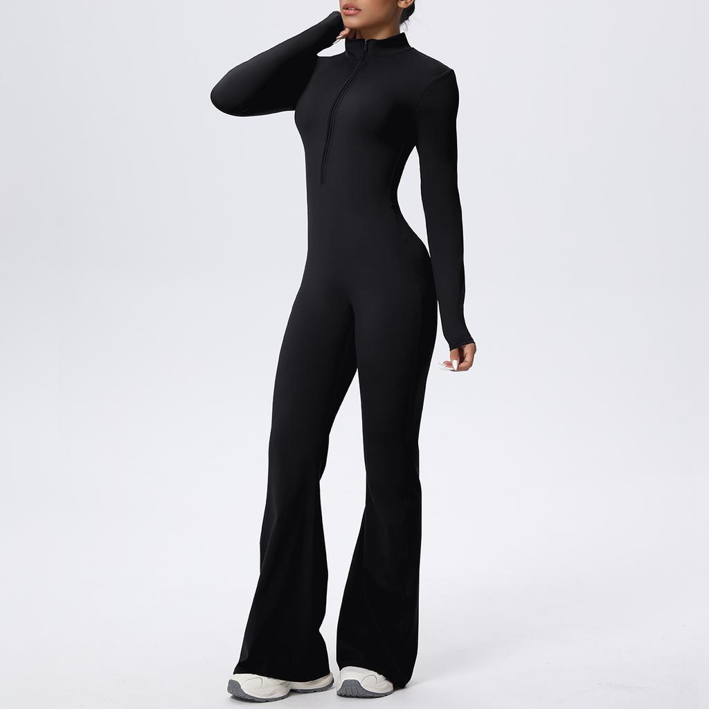 Zipper nude long-sleeved yoga flared pants onesie women's running fitness clothes sports trend onesie tights
