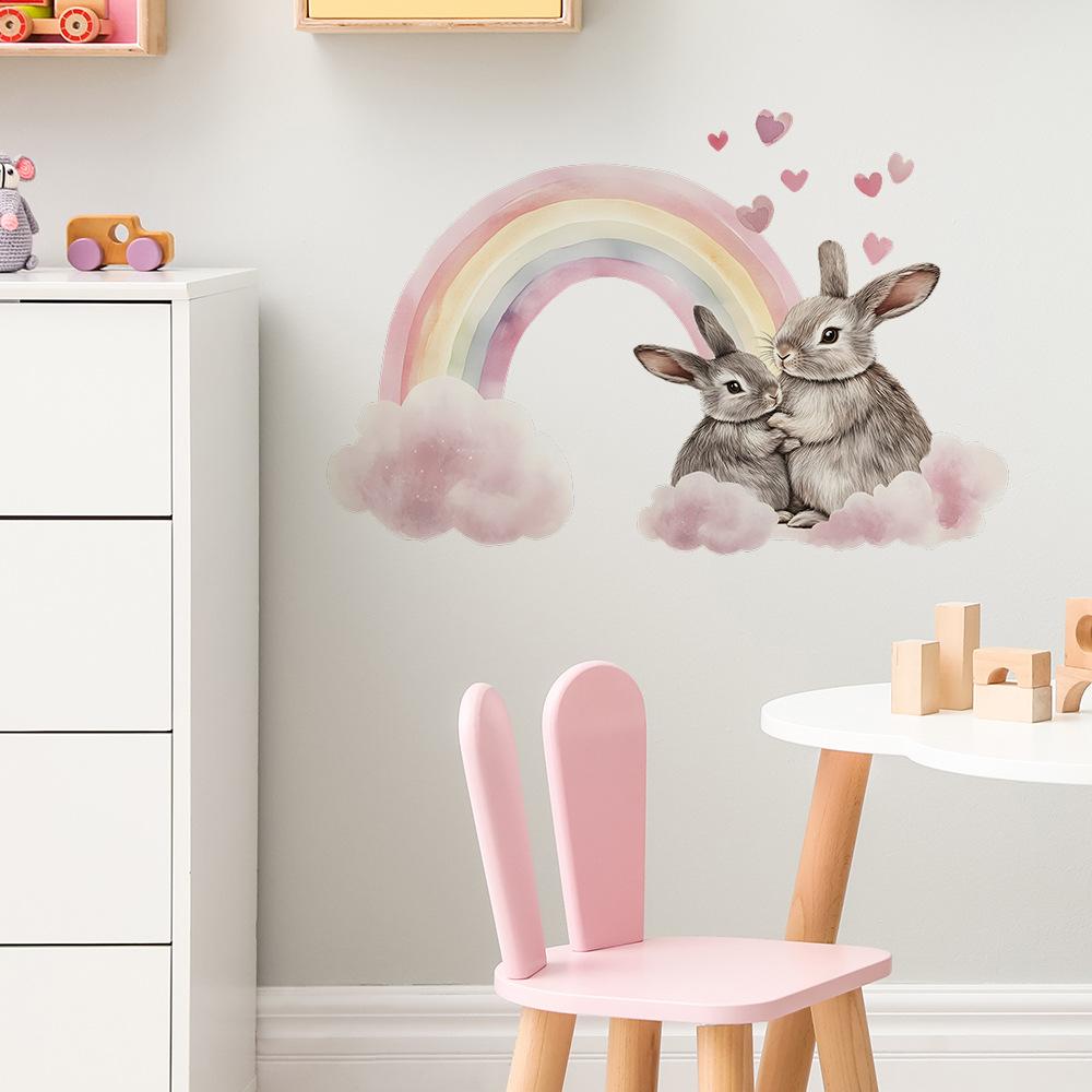 Watercolor Rainbow Couple Bunnies Wall Sticker Romantic Whimsical Self-Adhesive Removable Decor for Bedroom Living Room Home Background