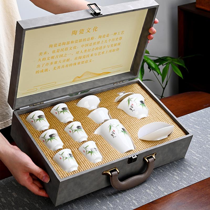 Dehua White Porcelain Kung Fu Suet Jade Tea Set Household Cover Bowl Gift Box Full Set of Jade Porcelain Full Set of Gifts
