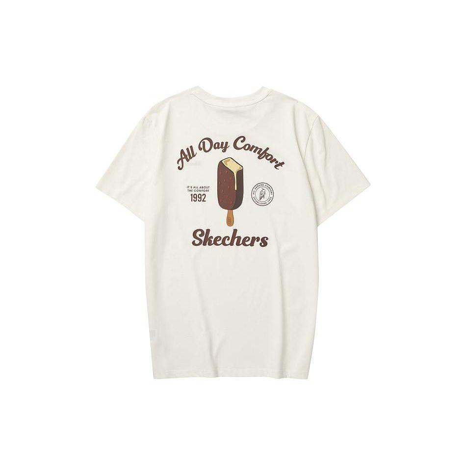 Skechers Casual Breathable Letter Print Round Neck Loose T-Shirt Unisex Tops Cotton-Candy-White L223U043-0074 L