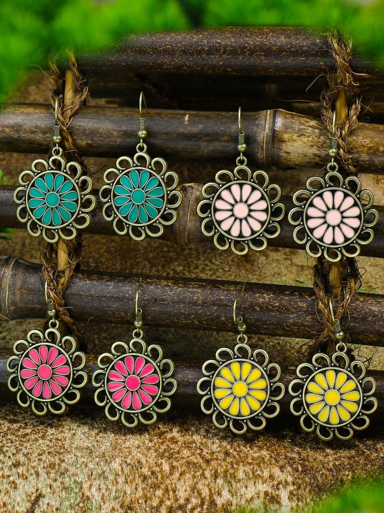 Vintage Bohemian Style Colorful Sunflower Alloy Dropping Oil Pendant Earrings Pendant Ornaments Women's Daily Versatile