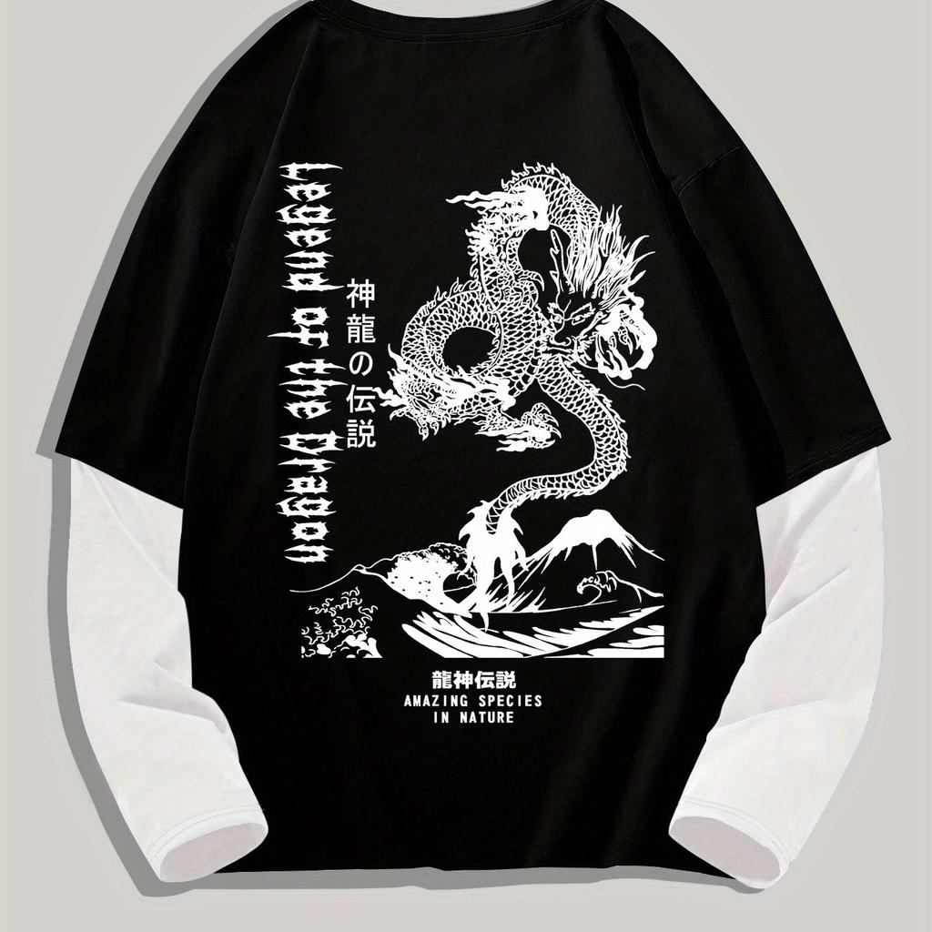 Men's Long Sleeve Crew Neck T-Shirt with Dragon Print, Casual Polyester Knit with Geometric Pattern