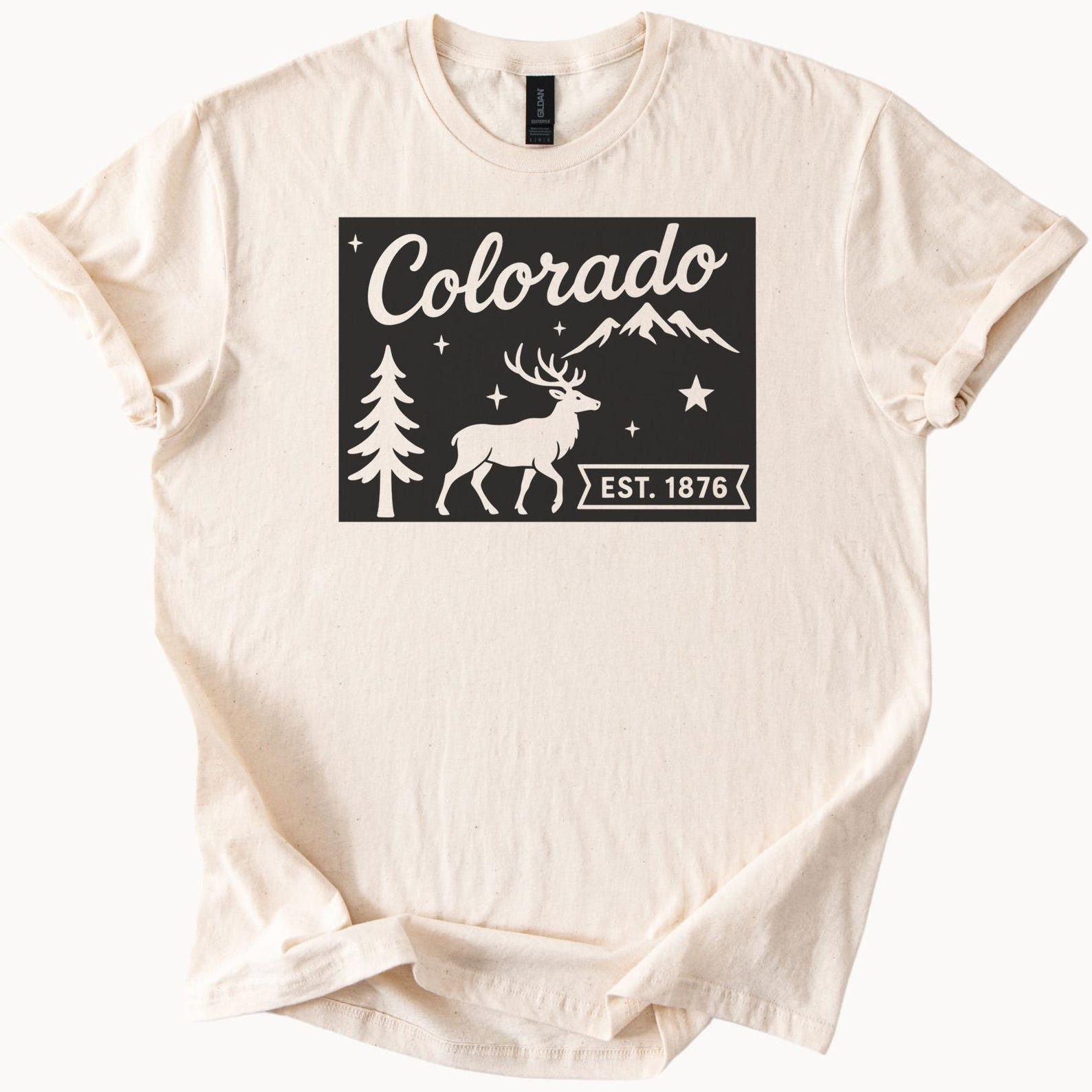 Colorado Graphic T Shirt with Elk Pine Tree Mountain Night Sky and Est 1876 Nature Outdoors Landscape Graphic Tee Colorado Shirt 120