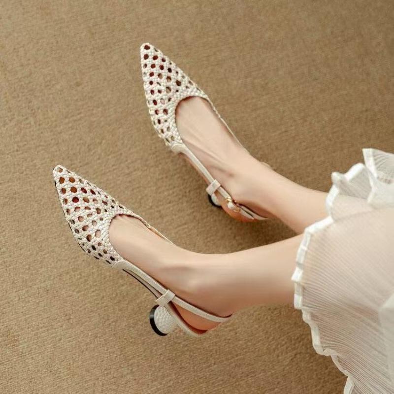 Pointed Toe Woven Hollow Temperament Small Heel Breathable Rear Empty High Heels Baotou One-word Strap with Skirt New Sandals