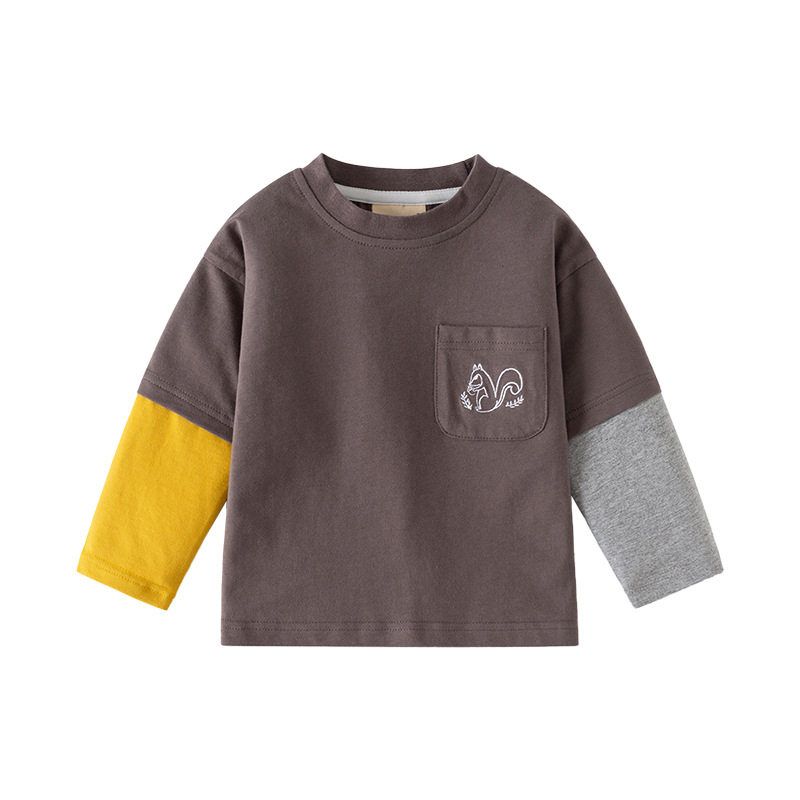 Spring and Autumn Kids Stripes Long Sleeve T-shirt Clothes Children's Clothing Baby Boy Squirrel Bottoming Shirt Boy Fake Two-Piece Tops