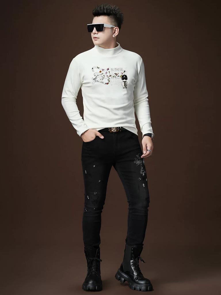 Men's Fleece-Lined Half-Turtleneck Gold-Printed Long-Sleeve T-Shirt