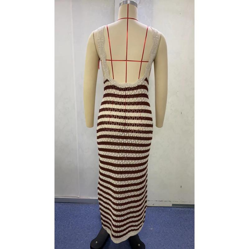 Summer Women's V-neck Sleeveless Striped Knit Backless Temperament Sexy Long Dresses