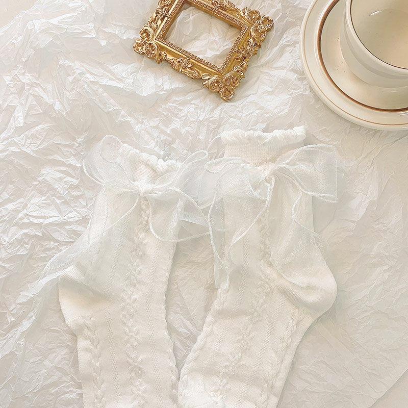 5 Pairs Lolita Socks White Bow Lace Socks Middle Tube Japanese College Style Princess Socks Sweet JK Streetwear Hosiery