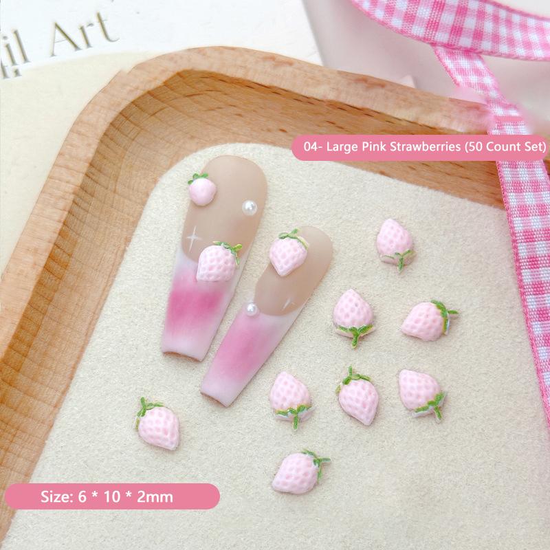 50Pcs Sweet Strawberry Nail Charms 3D Resin Cartoon Fruits Nail Rhinestones Decorations Parts Diy Summer Nail Art Accessories