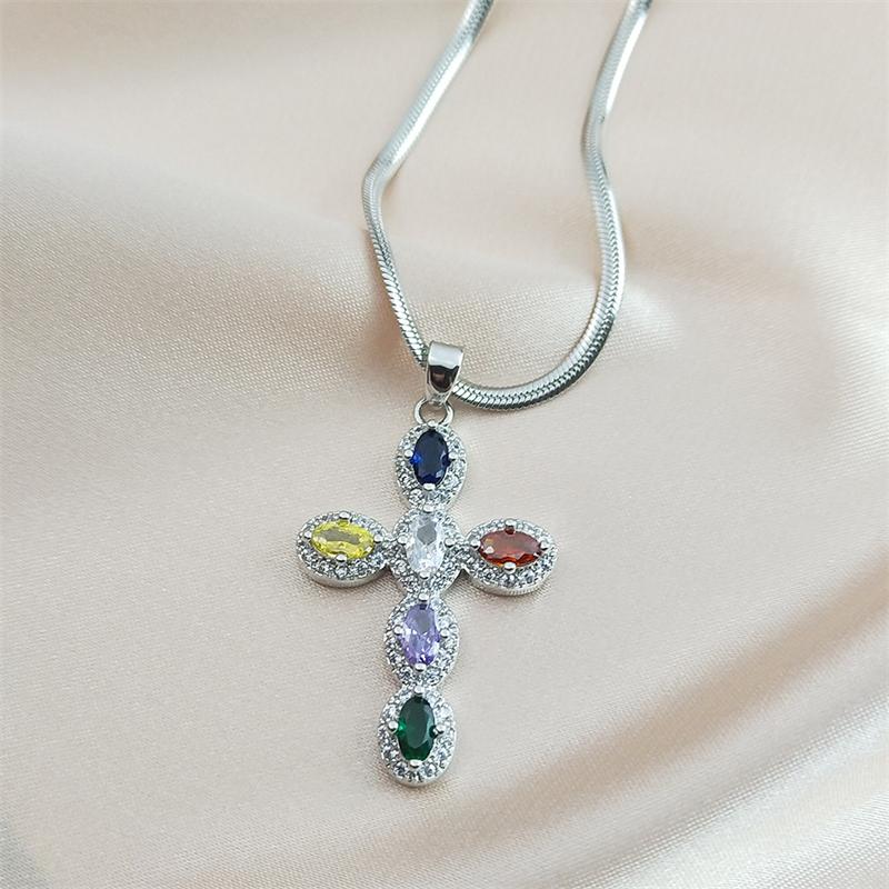 Multi Color Crystal Zircon Cross Necklace for Women Stainless Steel Silver Color Charm Religious Necklaces Jewelry GiftHH42-5