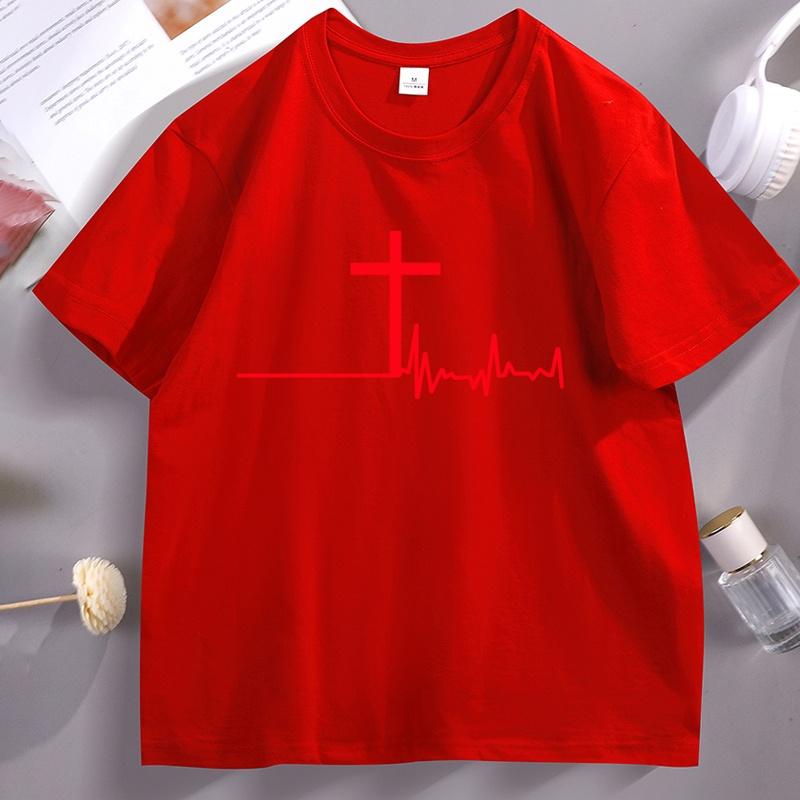 Women Graphic T-Shirt Christian Cross Heartbeat Tshirt Religious Faith Short Sleeve Soft Breathable T Shirt Unisex Clothes Tops