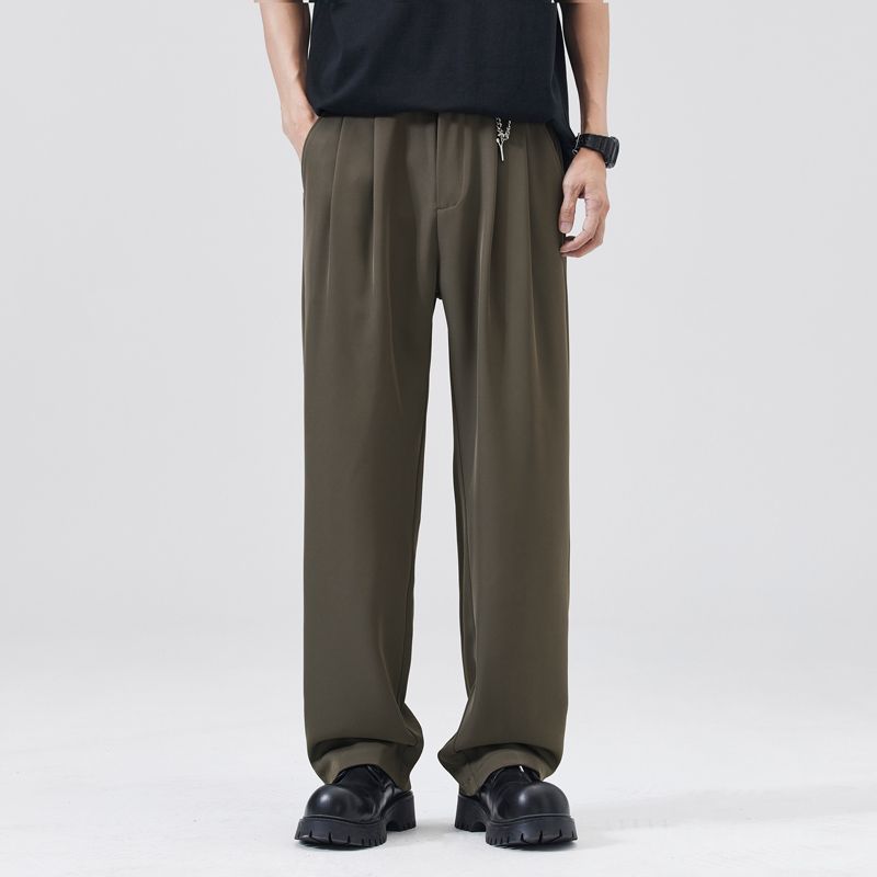 Summer New Wide-leg Drape Double-pleated Small Trousers Men's Daily Commuting Loose Straight Casual Long Pants