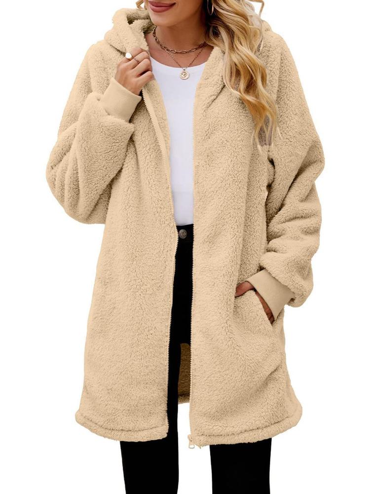 Winter loose plush women's long sleeved hooded zipper cardigan jacket