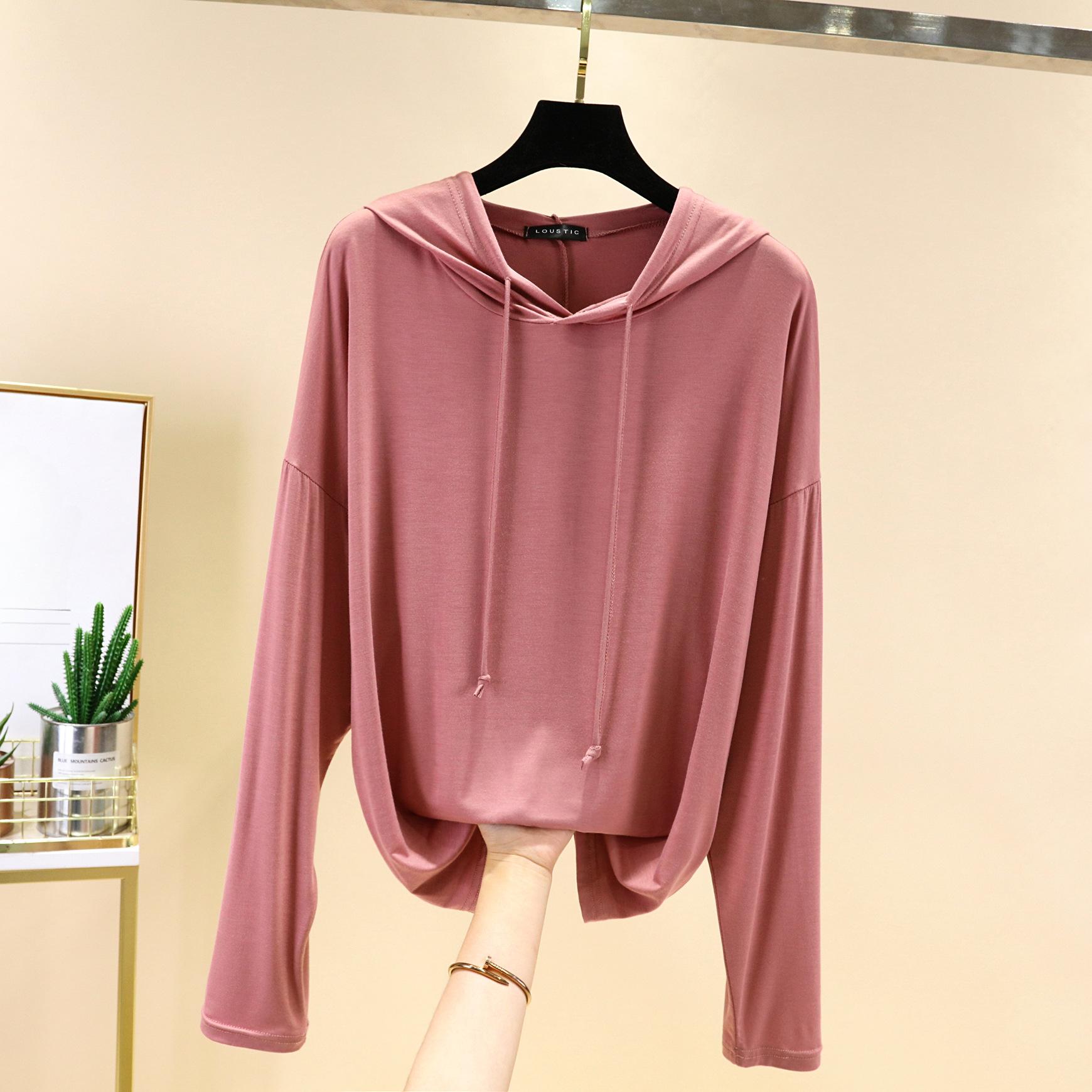 

Модальная футболка с капюшоном и длинными рукавами, женская весенняя повседневная свободная рубашка большого размера с внутренней нижней частью, тонкая тонкая верхняя одежда с солнцезащитным кремом L темно-розовый