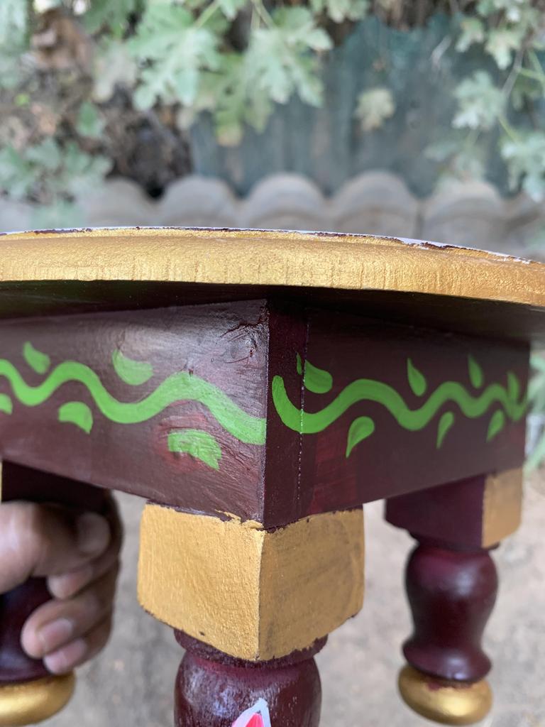 Hand Painted Wooden Chowki Bajot | Round Elephant Design Stool Table