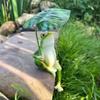 2Pcs/Set Garden Frog Figurine Mini Fishing Frog Statue Sitting Frog Holding Leaf Umbrella Pond Angler Frog Sculpture for Yard Landscape Indoor Outdoor