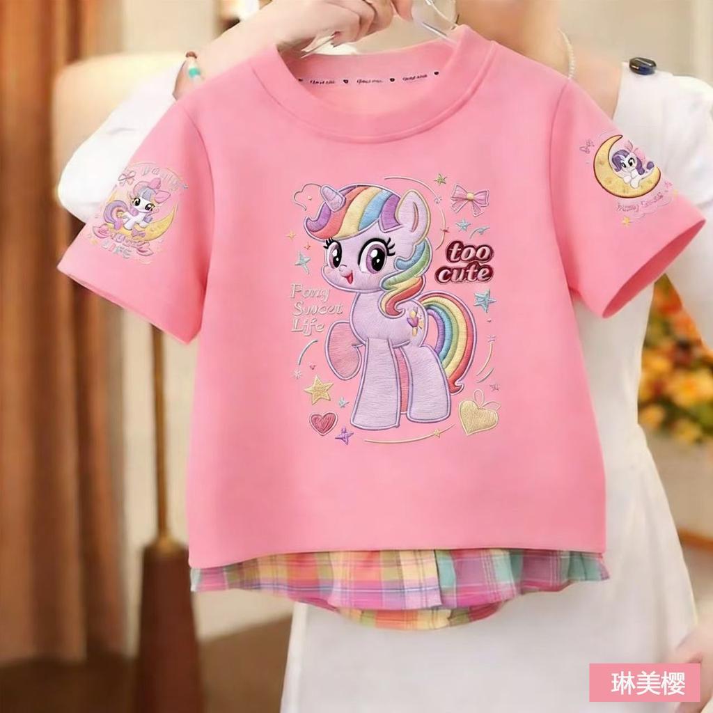 Girls Cute Fake Layer Short Sleeve T Shirt Round Neck with Embroidery Print