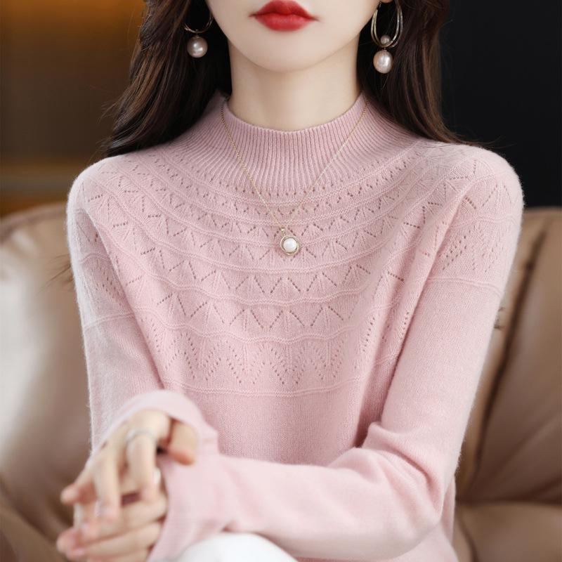 Women's 100% Wool Slimming Cashmere Knit Sweater - Half High Neck, Seamless, Hollow Out Design for Autumn/Winter