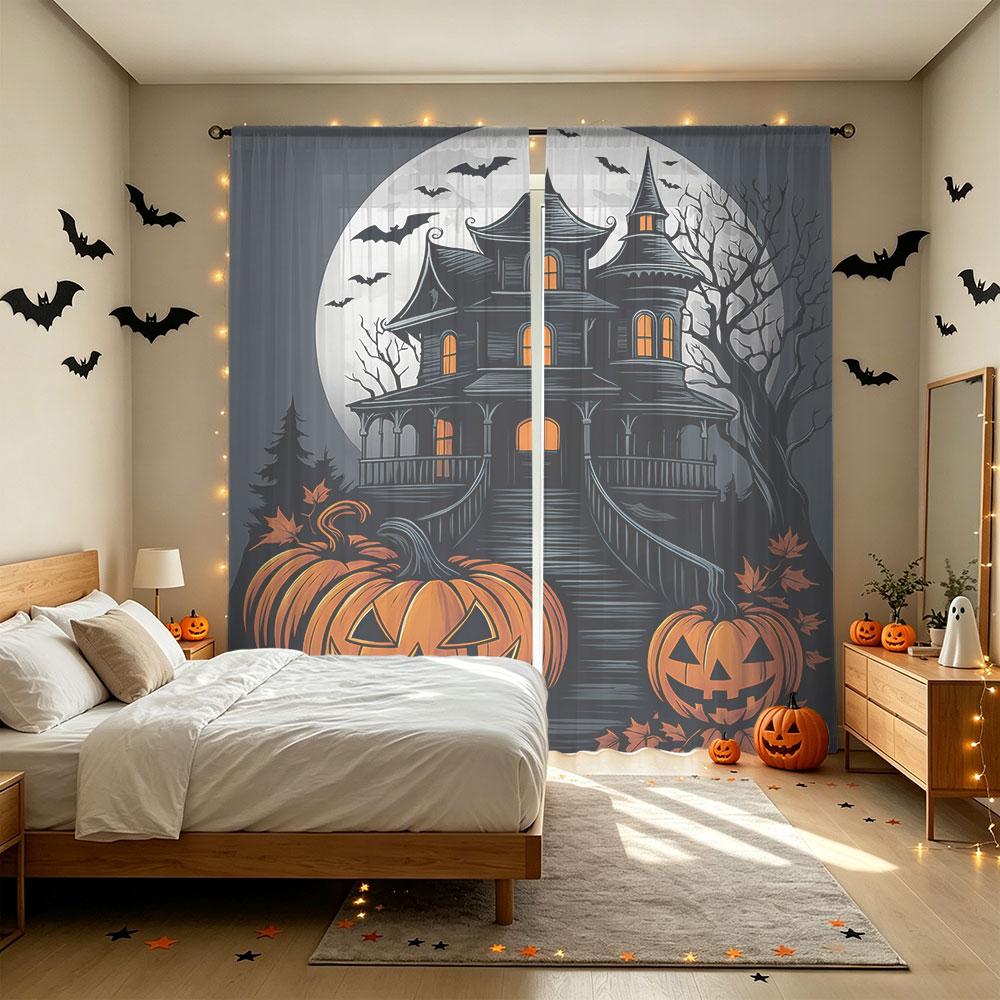 2 Stück Halloween Spukhaus Kürbis Fledermaus Stange Tasche Vorhänge Doppelpaneel Fenstervorhang Wohnzimmer Schlafzimmer Horror Halloween Deko