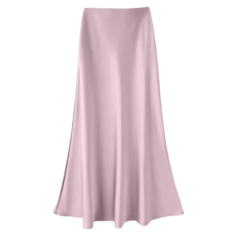 

High Waist Mid Length Long Length Satin Acetate Silky Skirt Women s Summer Plus Size Fat Girl Office Lady Sheath Skirt Fishtail A- line Long Skirt Pink L(Recommendation 50.00 kg-60.00 kg)