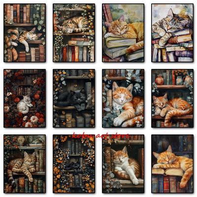 Vintage Sleeping Cat Antique Posters Canvas Printing Stack Books Lazy Cat Bookish Wall Art Picture for Library Home Room Decor