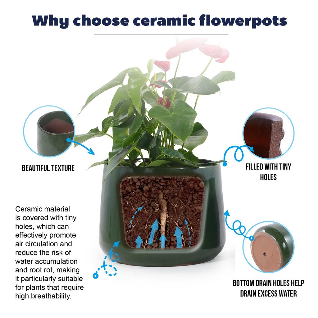 Handmade Ceramic Plant Pot Set 4-Piece (33/26/20/15 cm), Glossy Dark Green Glaze, Breathable, Frost-Resistant, Drainage Holes for Garden & Balcony
