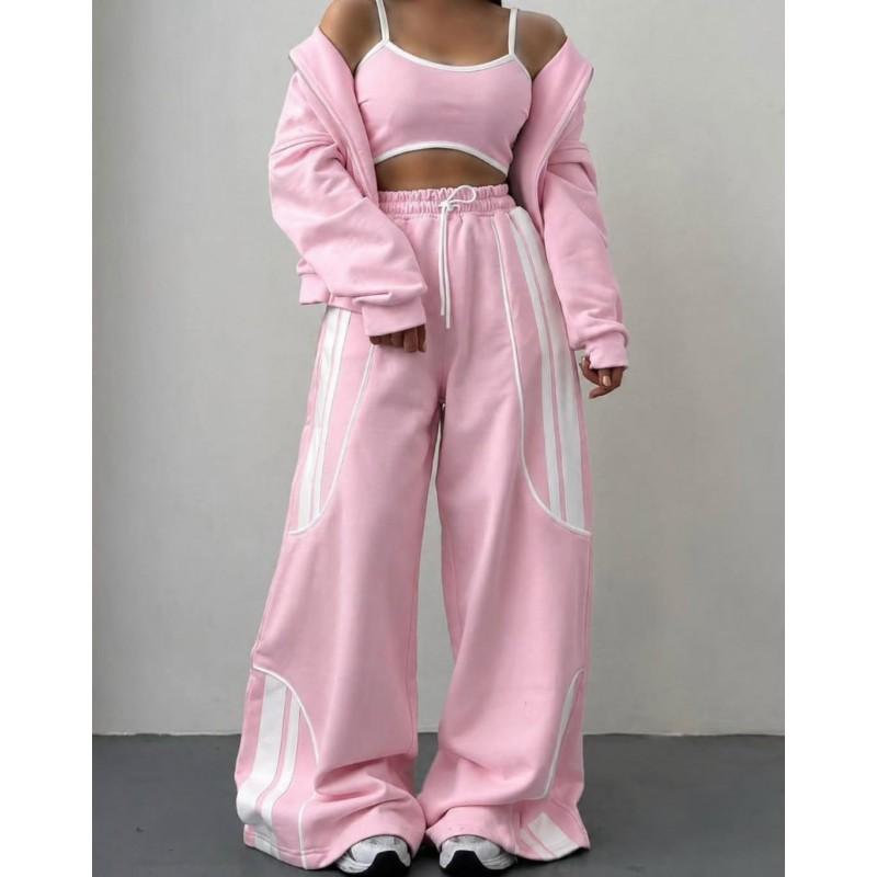 Womens Streetwear Hooded Two-Piece Set With Stripe Panel Detail Long Sleeve Open-Front Top Drawstring Pants