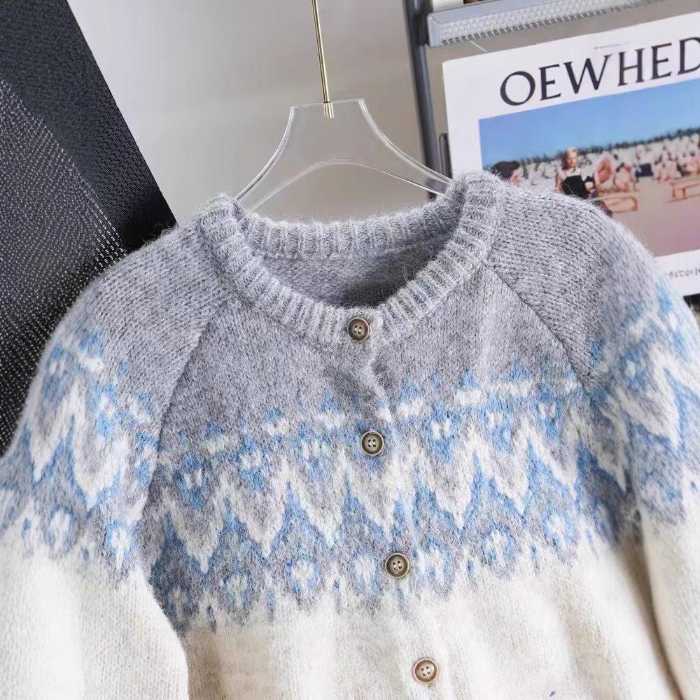 Women's Retro Fair Isle Color Block Knit Cardigan - Korean Style, Thick and Cozy for Autumn/Winter