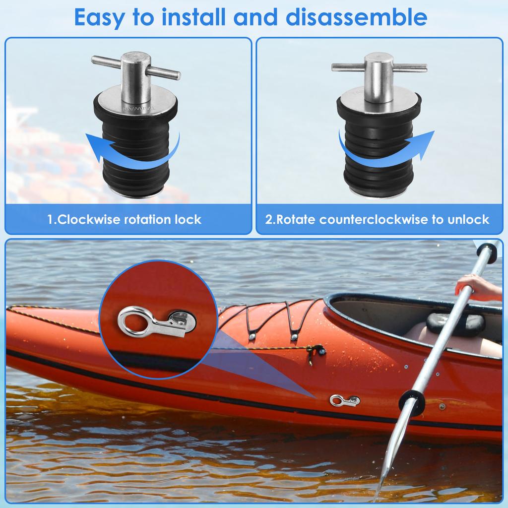 4Pcs Boat Drain Plug Kit Stainless Steel Snap Handle and T-Handle Boat Drain Twist Plug Marine Rubber Plug Sturdy Marine Boat