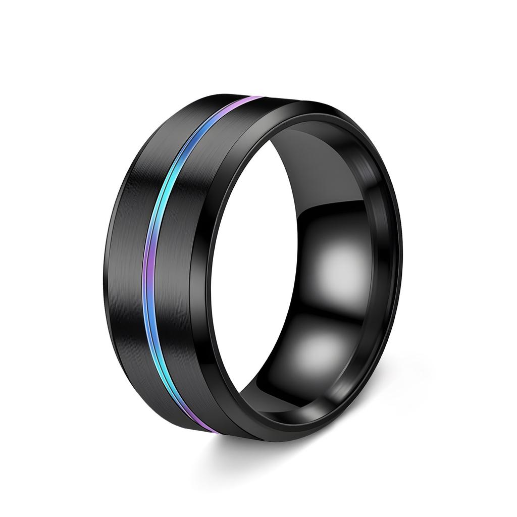 Fashionable 8mm Men's Black Stainless Steel Wedding Ring with Black Groove Beveled Engagement Ring, Suitable for Men's Valentine