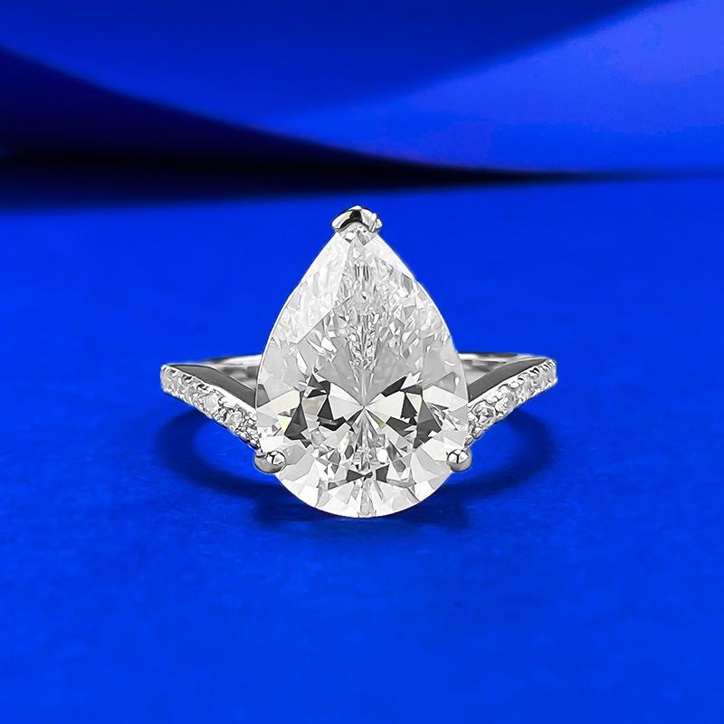 Xiancan Jewelry S925 Silver 10x14mm Pear-Shaped White Diamond Ring, V-Shaped Water Drop Classic Fashion. Size 9