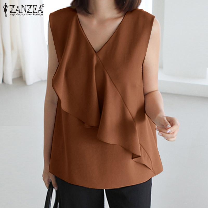 

ZANZEA Летние женские топы без рукавов с оборками и подолом