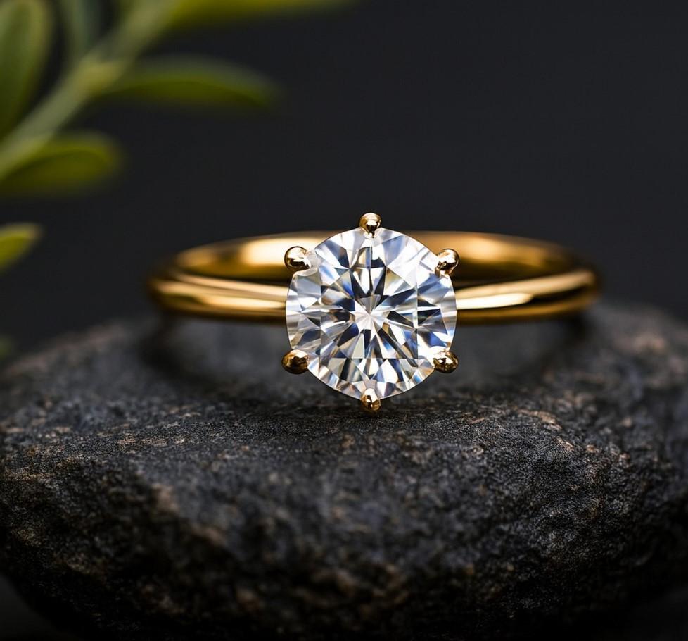 Round Cut Moissanite Engagement Ring – Yellow Gold Plated Solitaire Wedding Band, Classic Anniversary Ring, Promise Ring Jewelry Gift for Women