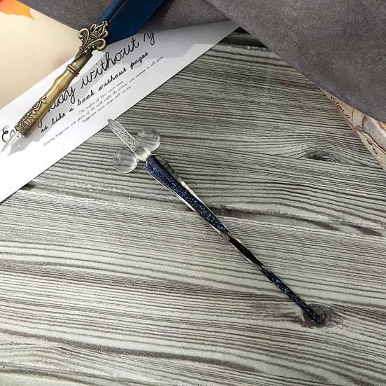 Glass Dip Signature Fountain Pen Faux Crystal Feather Design Writing Decor Set