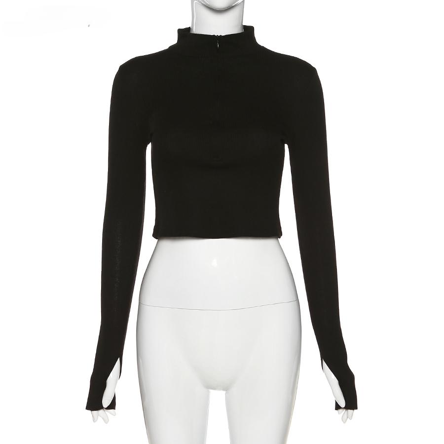 2KWEIRD Casual Y2k Clothes Crop Top Long Sleeve Women Korean Fashion Ribbed Knitted Zipper T-shirts Vintage Streetwear Tops Tees