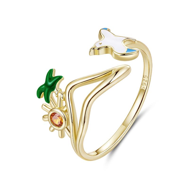 WOSTU 925 Sterling Silver Seagull Island Open Ring Adjustable Beach Vacation Rings Boho Style Jewelry with Green Palm