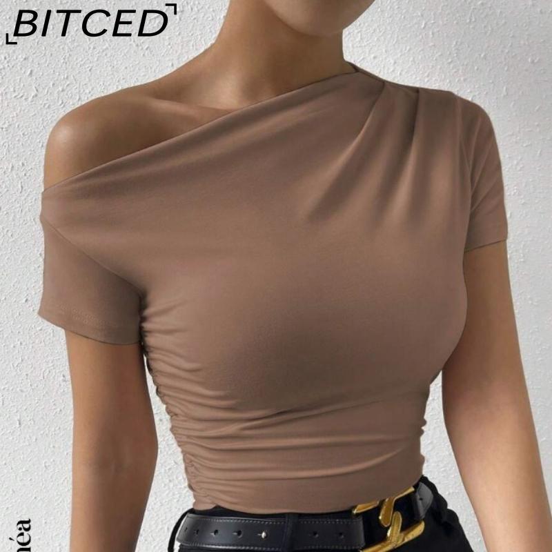 BITCED Spring/Summer Women's Slim-Fit Pleated Asymmetric Hem Short-Sleeved T-Shirt Top